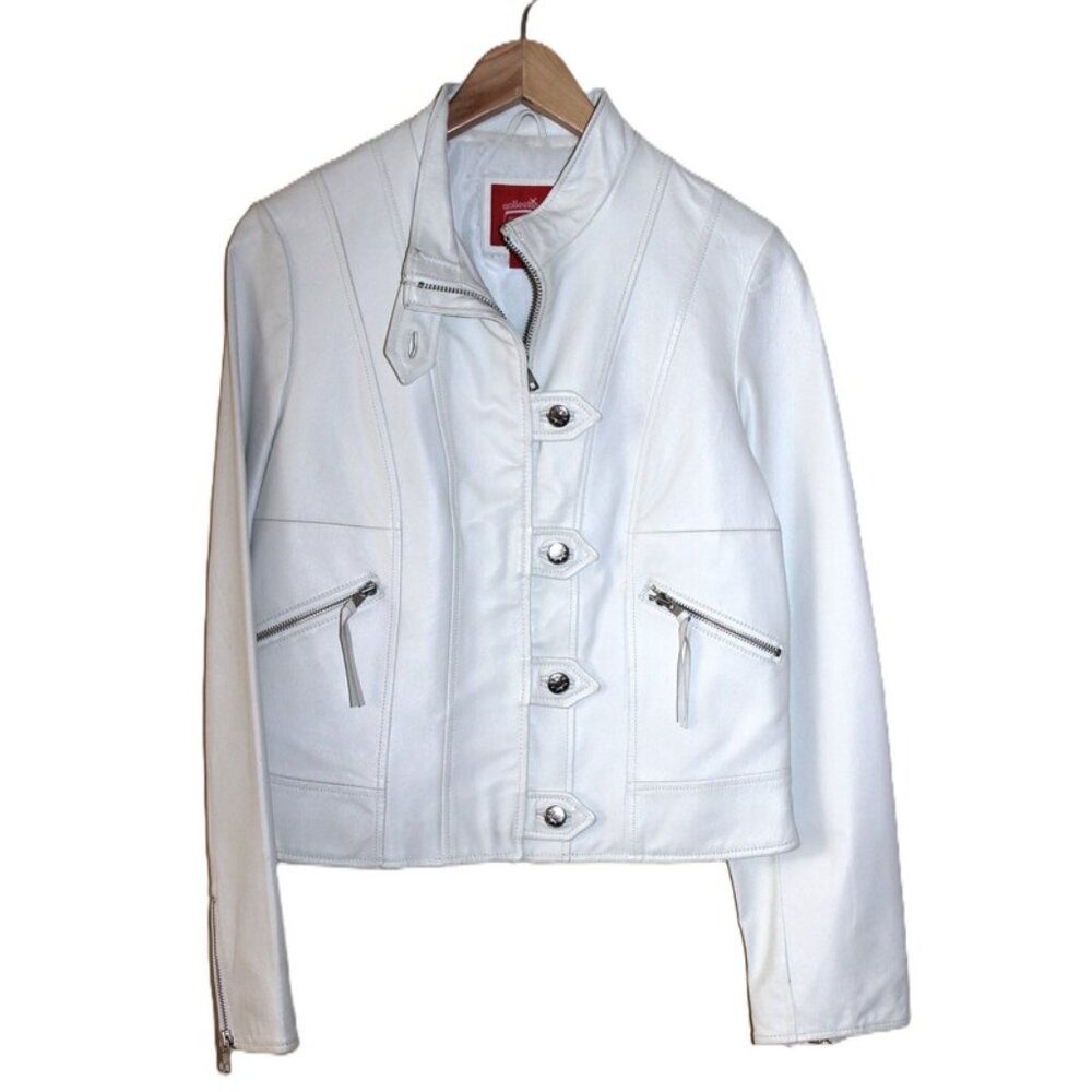 COLLECTION (European Brand) Genuine Leather Slim-Fit Cropped Moto Jacket, White